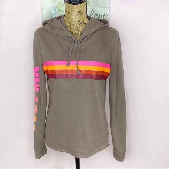 Pink by Victorias Secret Retro Stripe Hooded Sweatshirt Taupe Brown Small - Picture 1 of 10